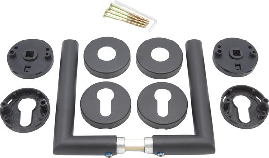 Slotman Solutions Deurklink Set Zwart | Rond Rozet | PZ55 Cilindergat | RVS Deurbeslag | Deurkrukken voor Binnen- en Buitendeur