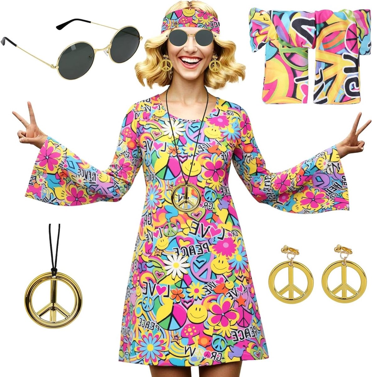 6-delige hippie kostuumset voor vrouwen met accessoires zoals ketting, oorbellen, hoofdband, zonnebril en hippie jurk voor carnaval en Halloween feestjes