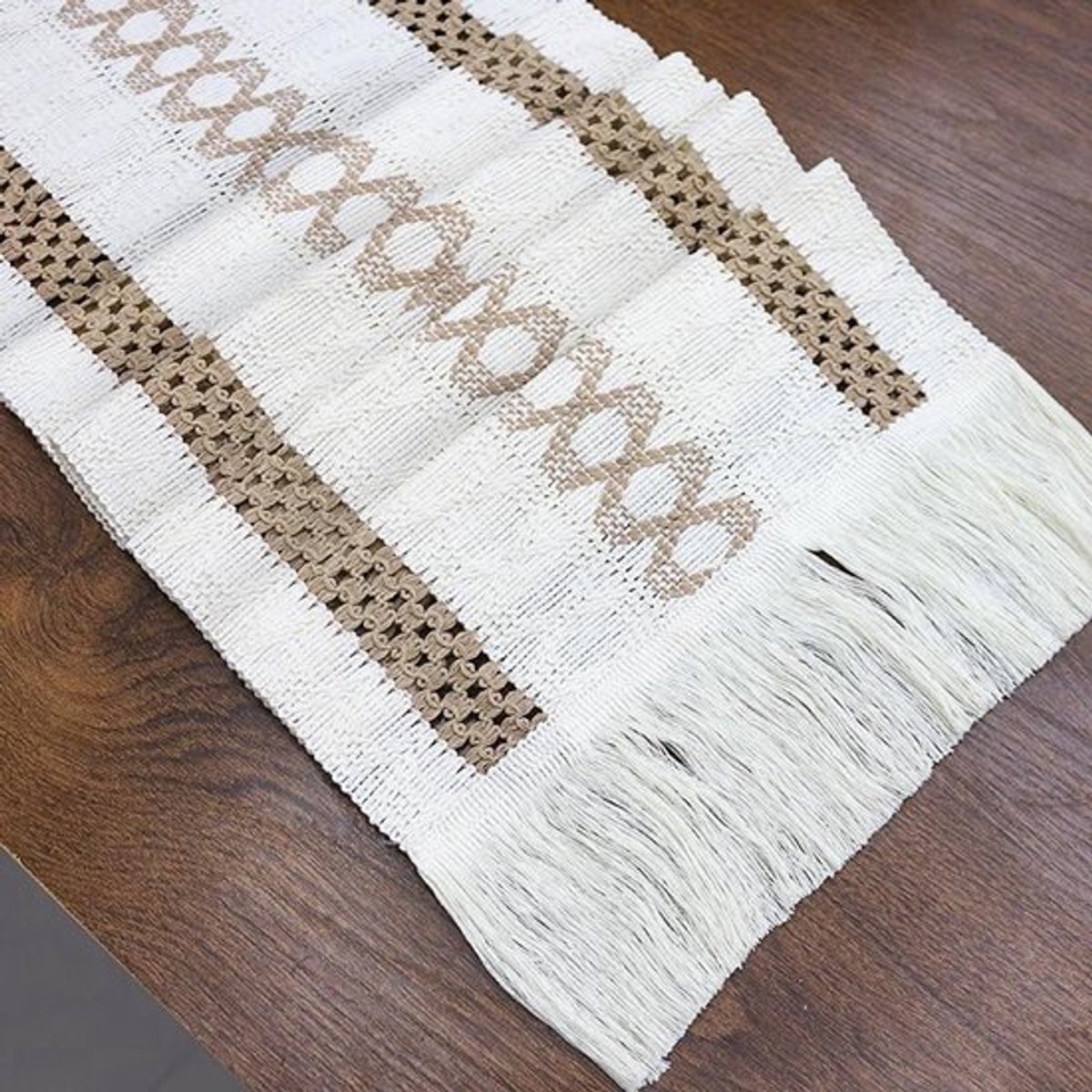 Tafelloper van katoen en linnen met kwastjes voor bruiloft - boho-decoratie - vintage