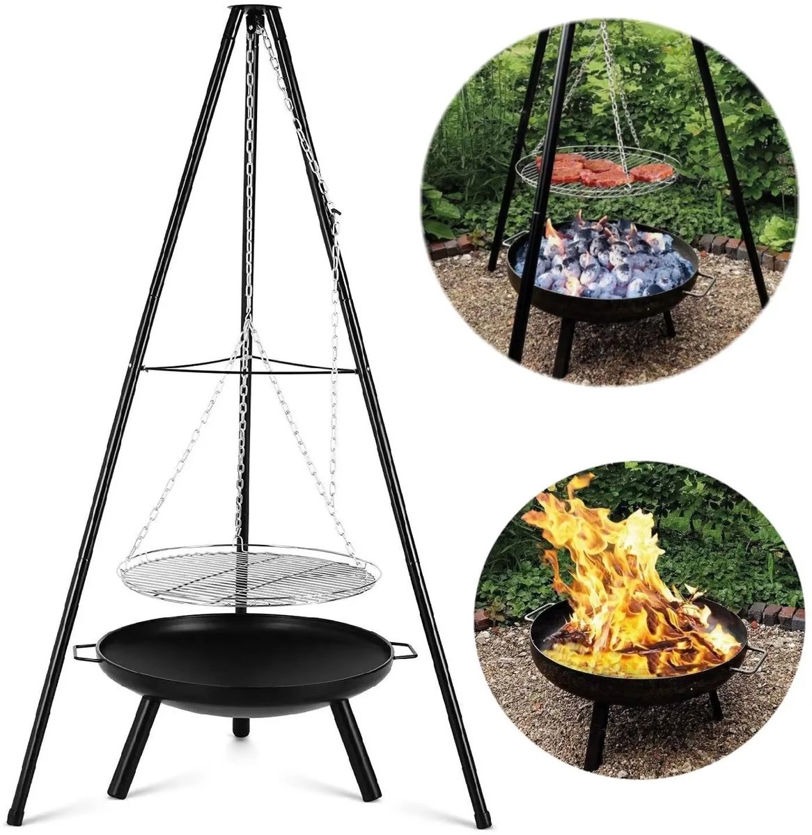 Turold Vuurkorf - Vuurschaal - Tuinhaard - Buitenhaard - Houtskoolstatiefgrillset - Kamperen, Kampvuur, BBQ, in hoogte verstelbaar