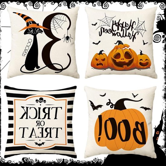 Set van 4 Halloween Kussenhoezen, Decoratieve Kussenhoezen met Pompoen Motief, 45 x 45 cm, Katoen en Linnen, Perfect voor Feestdecoratie