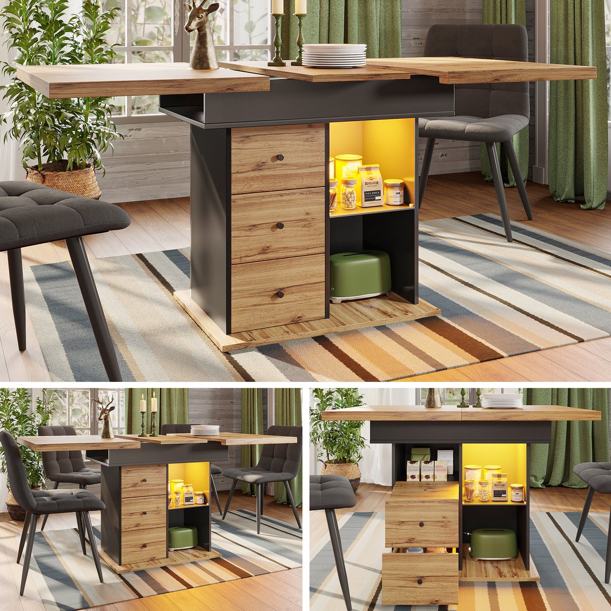 Clruro Eettafel - 110-140×80 cm - Uitschuifbare Teleskoptisch Voor 4-6 Personen - Klapbaar & LED-Verlichting - MDF - Wit Zwart, naturel