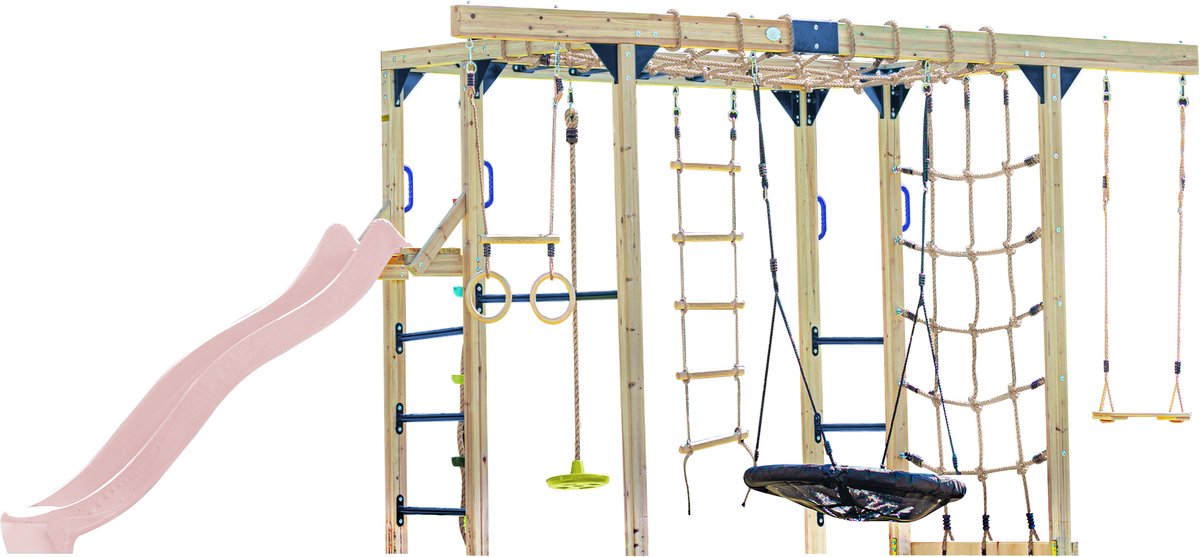 AXI Boris Klimtoestel Bruin met Schommels en Trapeze – Pastel Roze Glijbaan – Monkey Bars en Klimnetten – Duikelstang – Diverse Ladders