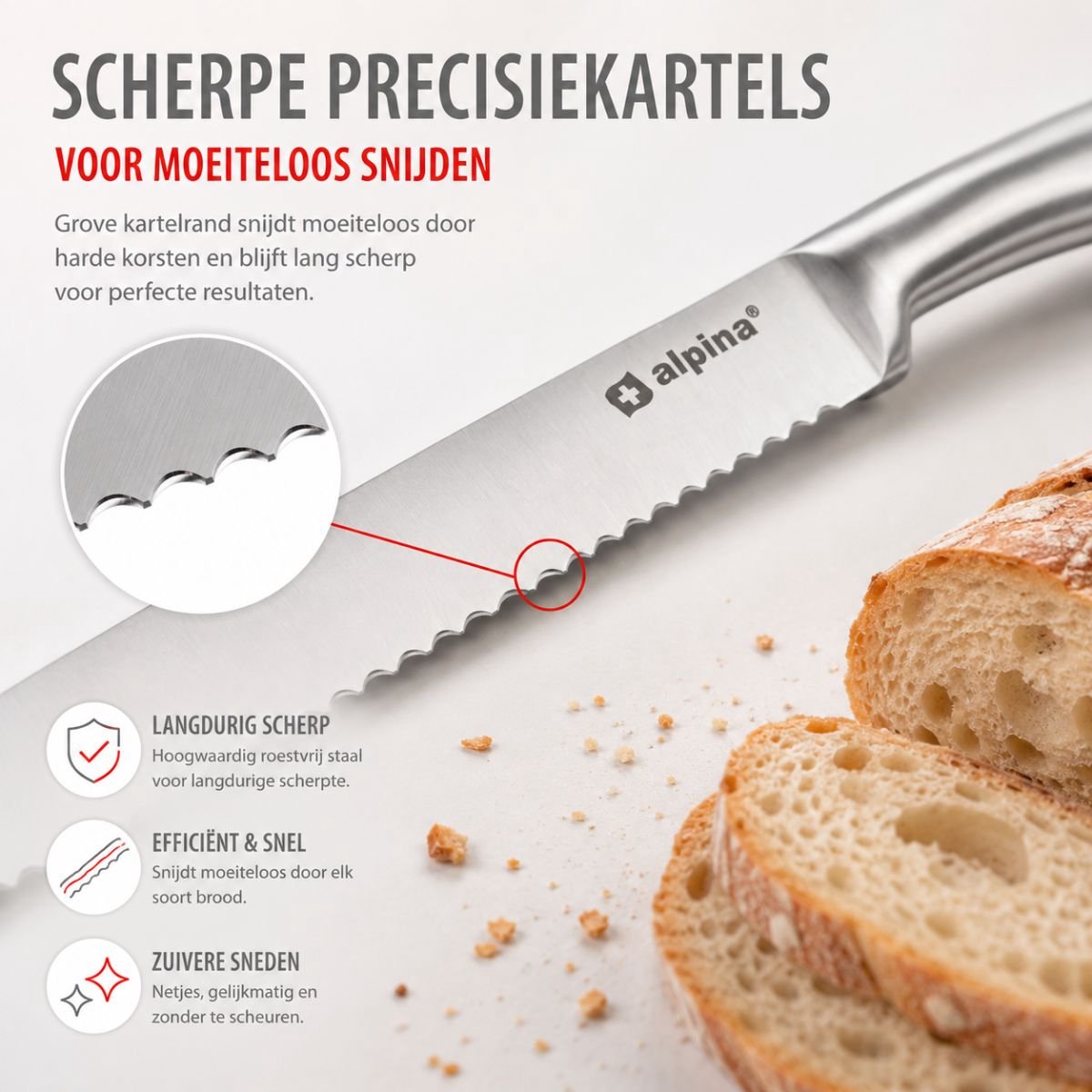 alpina Broodmes 33,5 cm - RVS Kartelmes met Ergonomisch Handvat - Gekarteld Mes voor Brood, Gebak en Meer - Vaatwasser Bestendig - Zilver — afbeelding 4