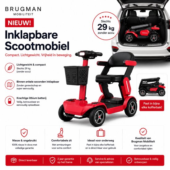 Rode inklapbare scootmobiel, lichtgewicht (29 kg zonder accu), past in elke kofferbak. Met lithium batterij en 2 jaar garantie.