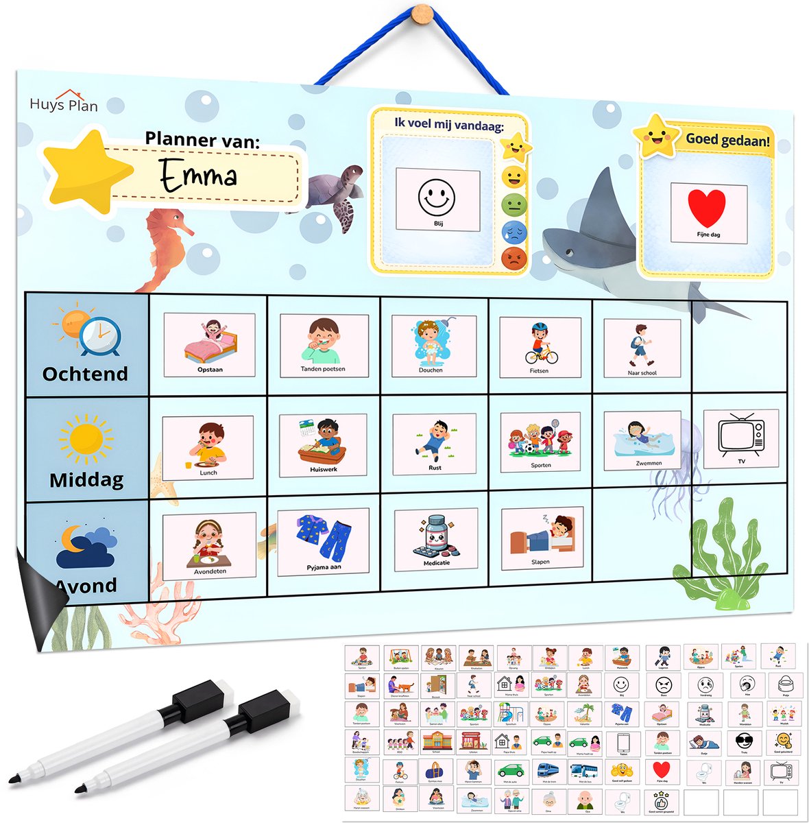 HuysPlan - Beloningsplanner Kinderen – Dagplanner Ochtend Middag Avond – Magnetisch + Ophangtouwtje – 72 Pictogrammen – Incl. 2 Stiften
