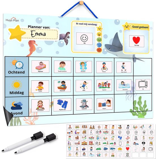 HuysPlan - Beloningsplanner Kinderen – Dagplanner Ochtend Middag Avond – Magnetisch + Ophangtouwtje – 72 Pictogrammen – Incl. 2 Stiften