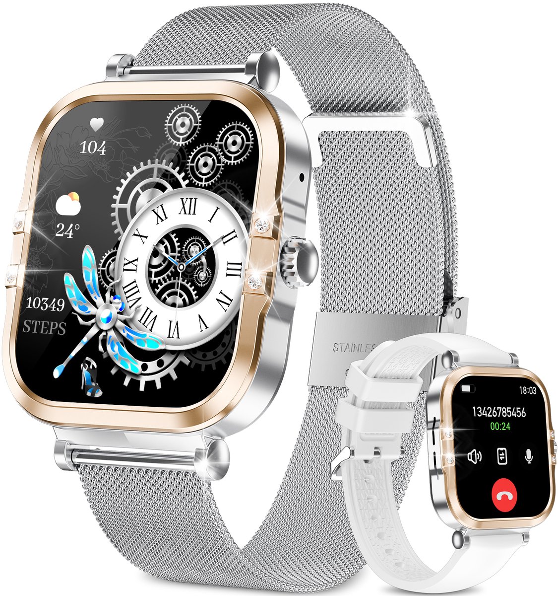 RAYOFI-AMOLED-smartwatch voor dames - Nieuw voor 2025 - 1,75-inch fitnesshorloge met telefoonfunctionaliteit - Twee bandjes - Volledig touchscreen - Vierkant ontwerp - Stijlvol sporthorloge voor dames - Compatibel met Android 4.4+ / iOS 10.0+