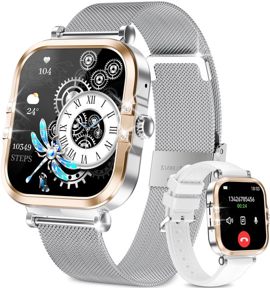 RAYOFI - Smartwatch - Nieuwe damessmartwatch 2026 - 1,75-inch sporthorloge - Met telefoonfunctionaliteit - Dubbele bandjes - Volledig touchscreen - Vierkant ontwerp - Stijlvol damessporthorloge - Zilver - Compatibel met Android 4.4+ / iOS 10.0+