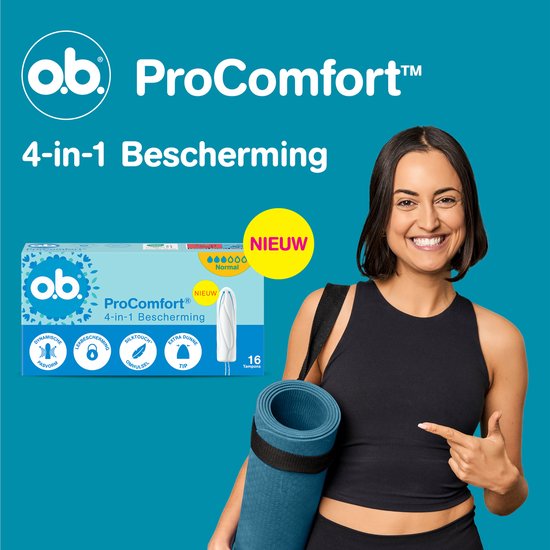 Een lachende vrouw in sportkleding wijst naar de nieuwe o.b. ProComfort tampons.