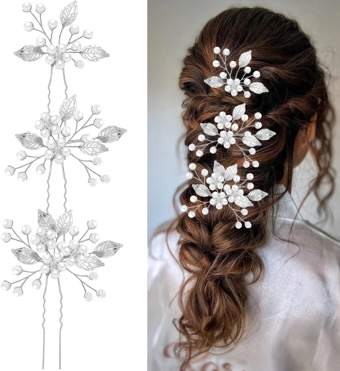 Elegante Haaraccessoires voor Bruiden | Zilveren Kristallen Bladeren en Parels Haarspelden | Perfect voor Bruiloften, Feesten en Gala's