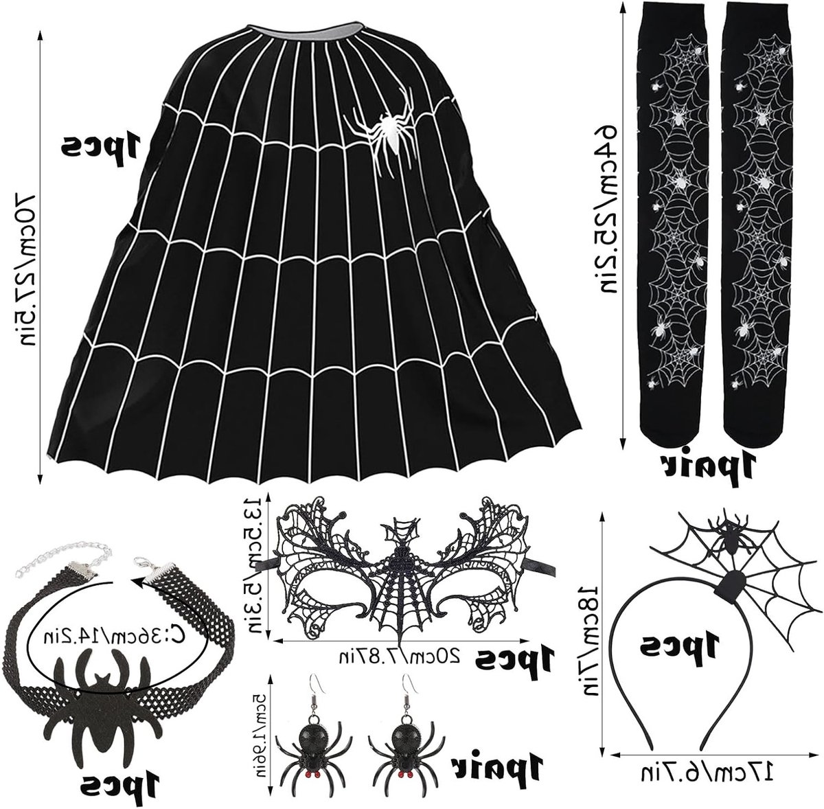 Griezelige Halloween Spinnenkostuum voor Volwassenen met Poncho, Masker, Haarbanden, Sokken, Ketting en Oorbellen voor een Leuke Halloween Feestdecoratie