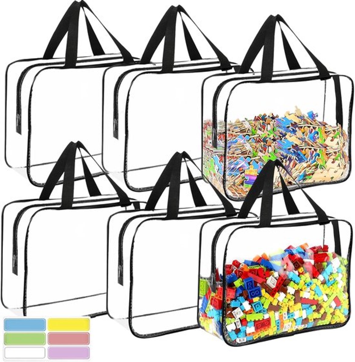 Daity 6-delige set – Grote speelgoedopbergtas – met labels – Herbruikbare transparante PVC-opbergtas voor bordspellen – Geschikt voor het opbergen van bouwblokken, puzzels en kinderboeken (30*22*10 cm)