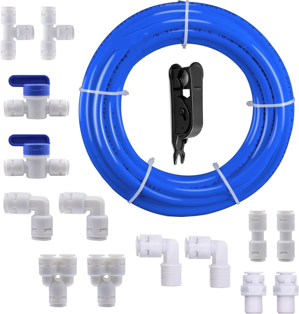 Universele Aansluitset van 10 meter voor RO Waterfilters, 14 stuks Fittingen voor 9.53mm Slangen, Inclusief Afsluitklep en Buisenschaar