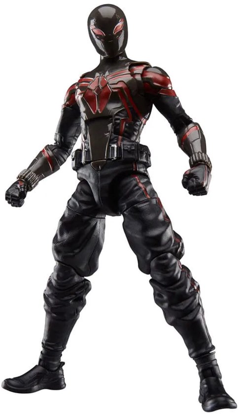 Actiefiguur in zwart Spider-Man kostuum met rode accenten en een spinnenwebdesign op de borst.