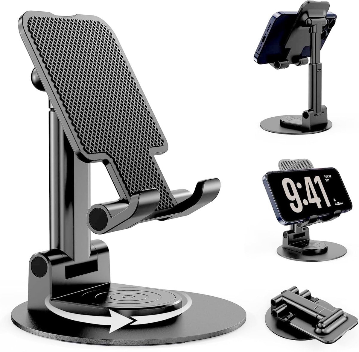 carmdering - Verstelbare Telefoonhouder - Verstelbare Smartphone Standaard - Bureau Tablet Stand - 360° Draaibare Voet - 0-130° Hoekinstelling - Aluminiumlegering En PC-ABS - Anti Slip Bescherming - Ideaal Voor Video Bellen En Laden -zwart- 1 Stuk