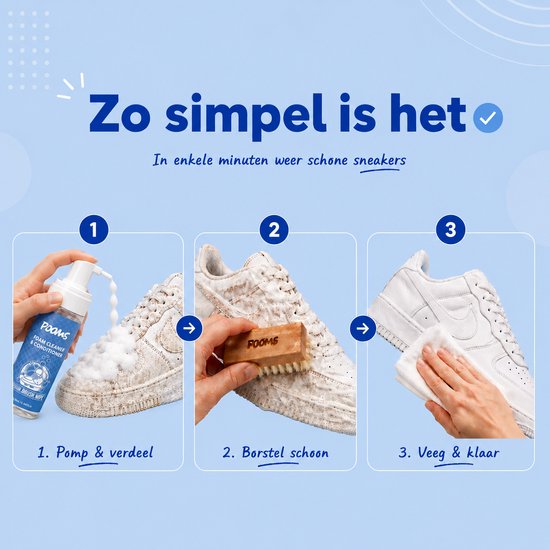 Drie stappen voor het reinigen van sneakers met Pooms foam cleaner, borstel en doek.