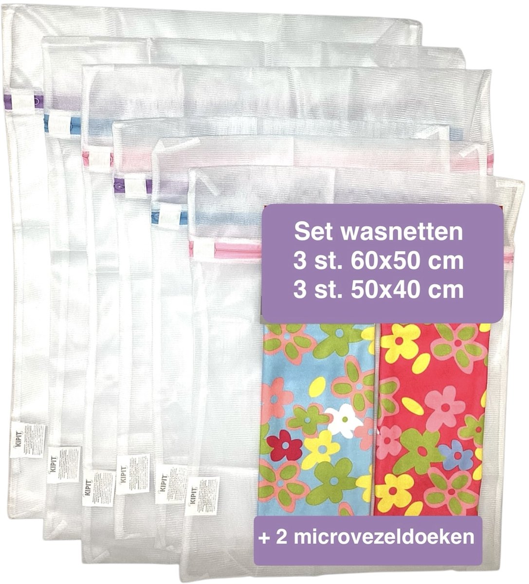 Waszakken Wasnetten met rits 6 stuks - microvezeldoeken 2 stuks - Wit - Roze - Blauw - Paars - 50 x 40 cm - Inclusief verzenden - Ritssluiting - Wasnetjes - Washing Bag - Waszakken - Wasnetje bh lingerie - Wasnetten - Transparant - 100% polyester
