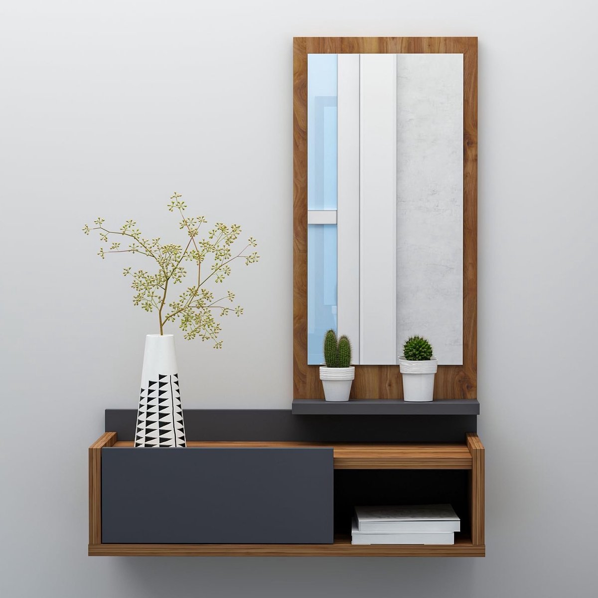Moderne Hangspiegelkast voor de Hal met Lades en Plank in Walnoot en Antraciet Afwerking