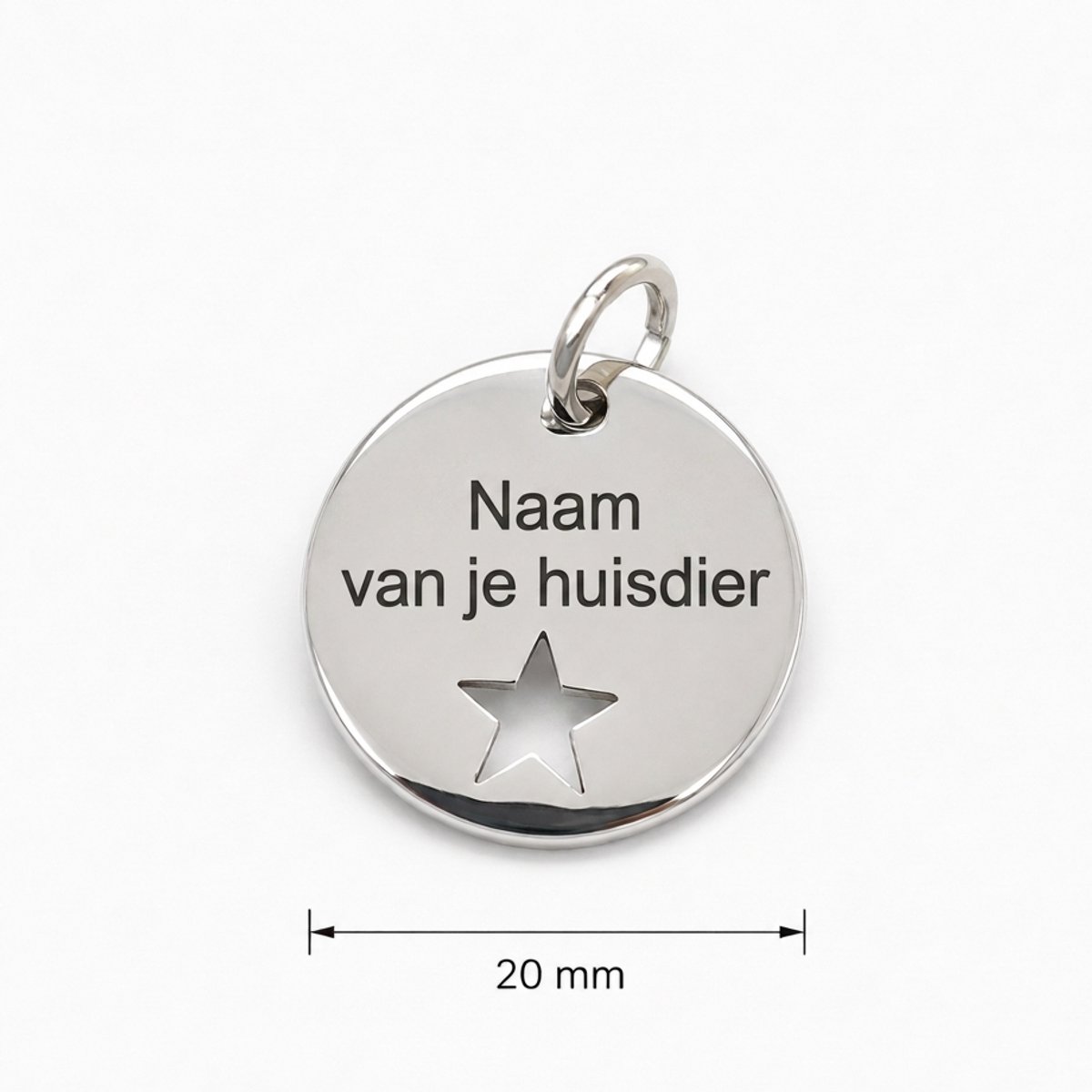 Gepersonaliseerde Dierenpenning / Naamplaatje voor Huisdier – Hondenpenning en Kattenpenning met Naam, Telefoonnummer en Adres – Ronde Penning 20 mm met Dubbelzijdige Gravure – Zilverkleurig met Ster