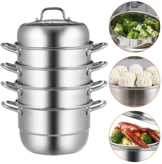 Velori Stoompan 5 Laags RVS 28 cm - Stoompannenset Roestvrij Staal - Stoomkookpan Inductie - Groentestomer - Dumpling Stomer - Alle Warmtebronnen - Glazen Deksel