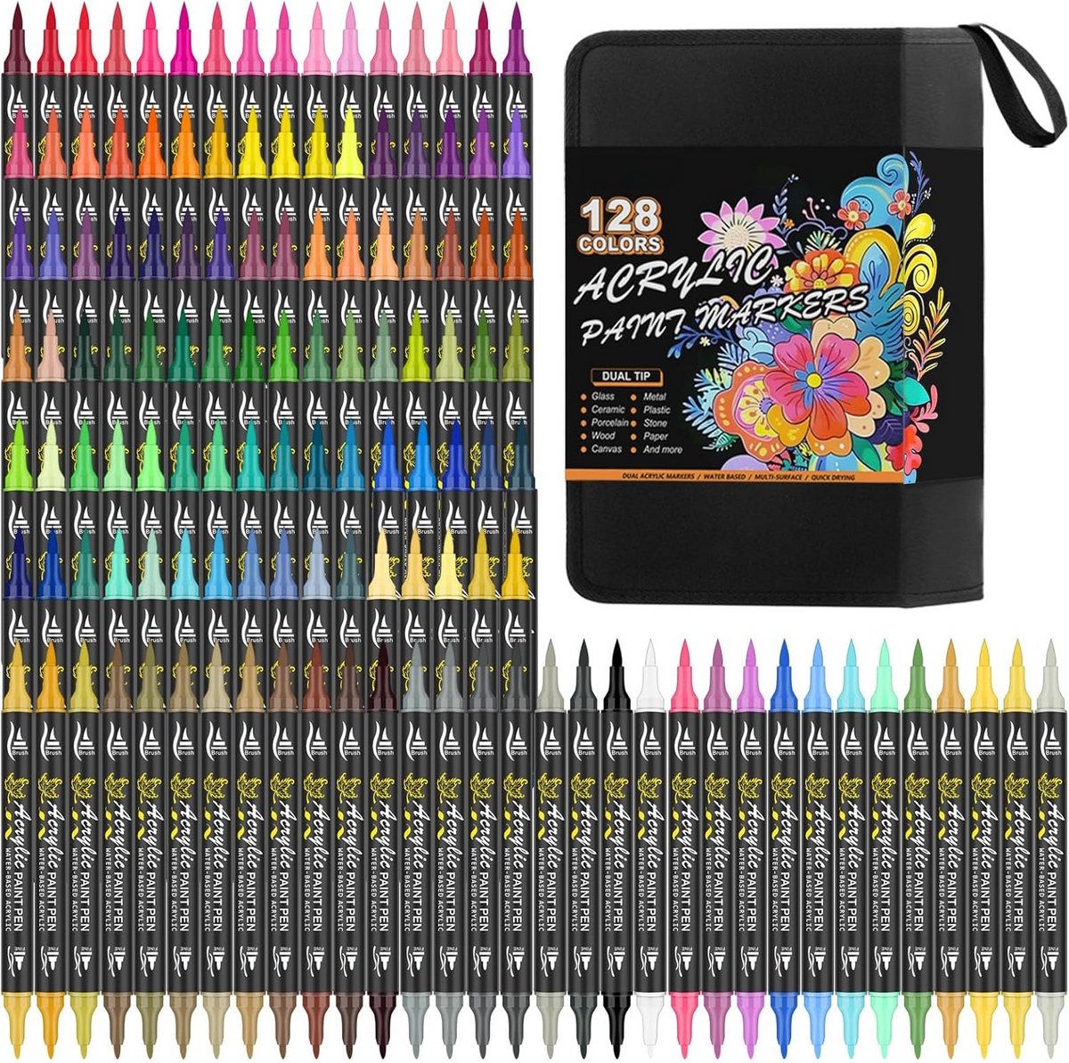 PromoHome 128 stuks Acrylverfstiften - Dual Tip Verfmarkers met Fijne Punt en Penseelpunt - Watergedragen Verf voor Hout, Canvas, Glas, Keramiek - 116 Klassieke & 12 Metallic Kleuren Inclusief Opbergkoffer