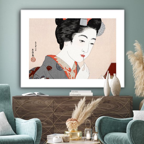Canvas schilderij 160x120 cm - Wanddecoratie Vintage - Japans - Vrouw - Make up - Muurdecoratie woonkamer - Slaapkamer decoratie - Kamer accessoires - Schilderijen op canvas