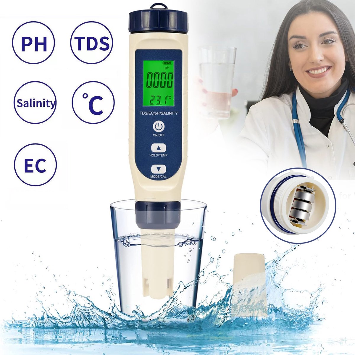 Digitale Ph-Meter - 5-In-1 Waterkwaliteitsmeter Met Achtergrondverlichting - PH/TDS/EC/Zoutgehalte/Temperatuurmeter Met Atc