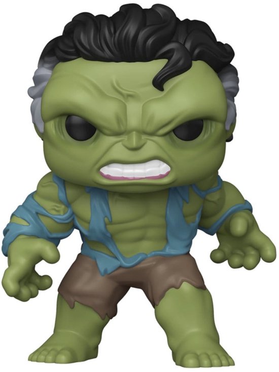 Hulk Funko Pop! vert avec vêtements bleus déchirés et pantalon marron, expression en colère.