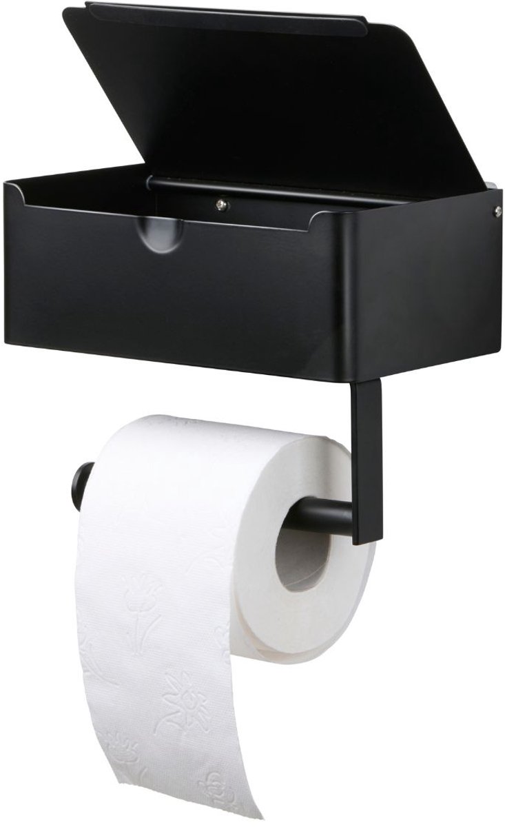 Bath & Shower Wc Rolhouder met Opbergdoos - Toiletrolhouder Zwart zonder Boren - Wc Papier Houder met Plankje - Wandmontage - 20,5 x 13 x 14 cm
