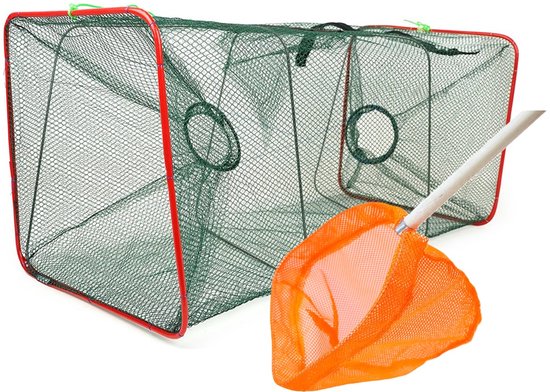 Vangnet met oranje schepnet ervoor, op een witte achtergrond.