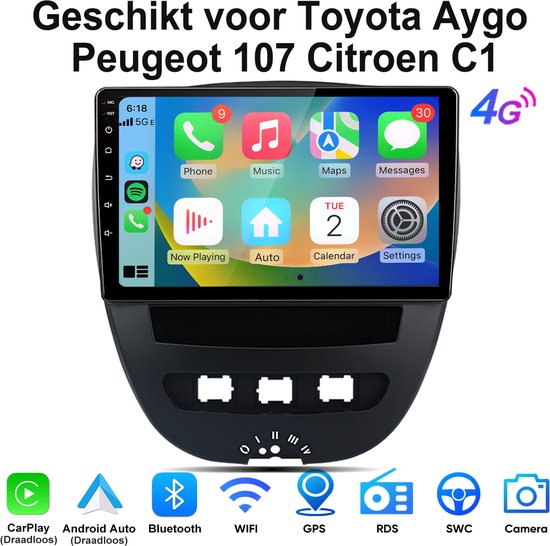 JUNSUN Plug & Play Draadloos Carplay & Android Auto Autoradio - Geschikt voor Toyota Aygo Peugeot 107 Citroen C1 - Android 15 - 8+256GB - GPS-Navigatiesystem, Bluetooth, WIFI & 4G, RDS, FM, 10,1-inch Touchscreen, DSP + EQ, DAB+, Octa-core processor