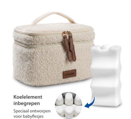 LUVION® Luxe Teddystof Borstvoeding Kolftas – Geïsoleerde Moedermelk Koeltas met Koelelement – Flessentas voor Onderweg - Moedermelk tot 12 uur Koel - Wit — afbeelding 4
