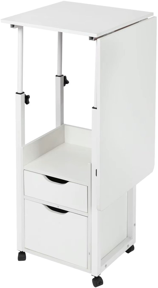 Venzor - Overbedtafel met Wielen - 100x40x70 cm - Wit – In Hoogte Verstelbaar – Uitklapbaar Laptopbureau – Met Lade & Opbergruimte