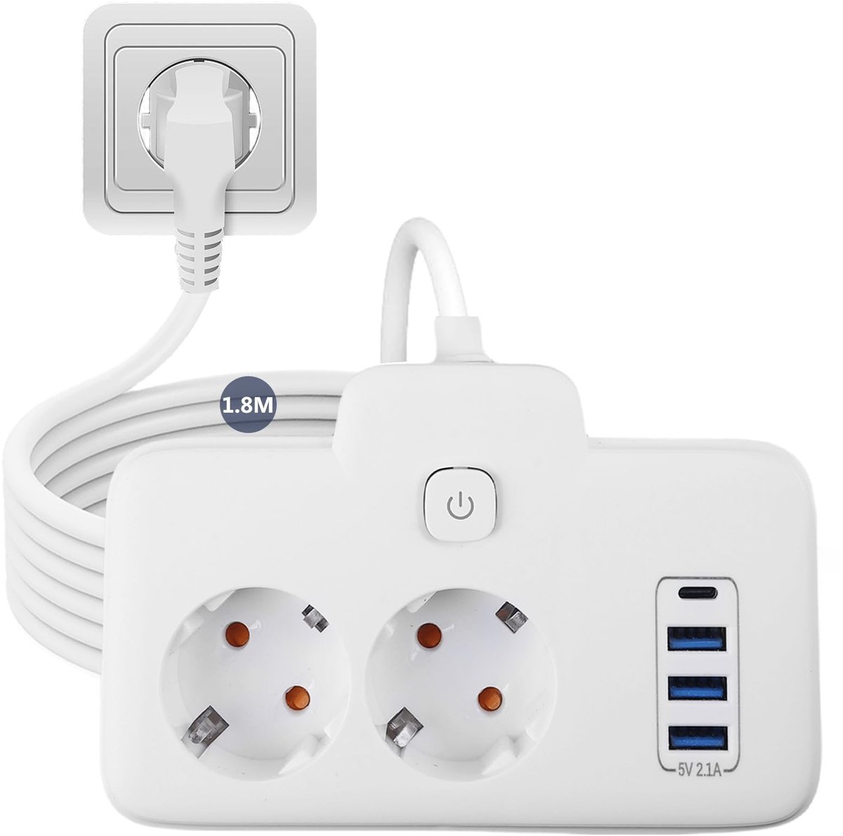Dailygoods - Stekkerdoos met 2 m Verlengkabel en USB-poorten