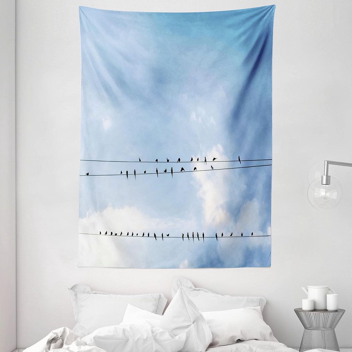 ABAKUHAUS dierentapijt, zwaluwen op stroomkabel, woonkamer slaapkamer wanddoek zijdezacht satijn wandtapijt, 150 x 200 cm, lichtblauw zwart wit Bleekblauw, zwart, wit,