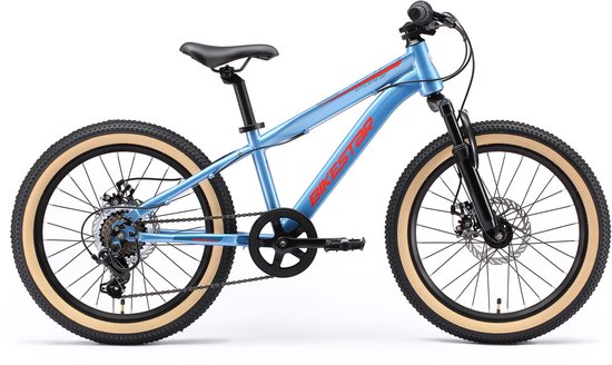 Blauwe kinderfiets met crème banden, remschijven en rode details op het frame.