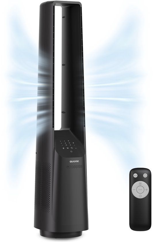 Auronic bladloze torenventilator 101 cm, stille vloerventilator 39 dB, 6 snelheden, timer, grijs