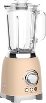 Beige retro blender met glazen kan, RVS afwerking, draaiknop en 3 functieknoppen.
