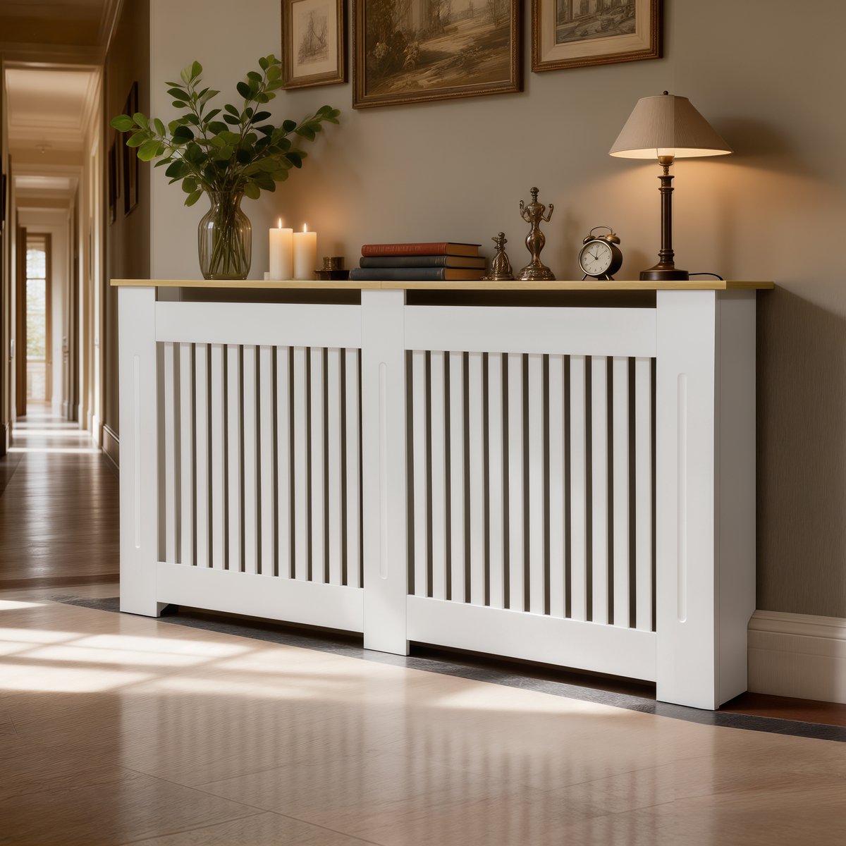FATIVO Radiatorombouw - Verwarmingsombouw met Houten Bovenblad - Radiatorbekleding - 152 x 20 x 83 cm - Wit