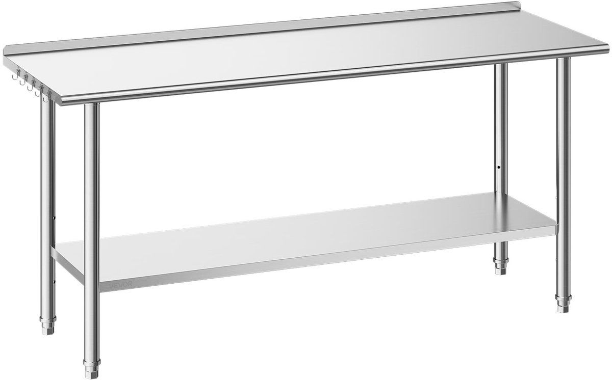 Vevor Roestvrijstalen Tafel voor de Horeca, 1829 X 610 X 894 mm, Verstelbare Roestvrijstalen Tafel met Opstaande Rand, Werktafel met Onderblad voor Restaurants, Zwaar Uitgevoerd, Bovenblad (263 kg), Onderblad (218 kg) Zilver