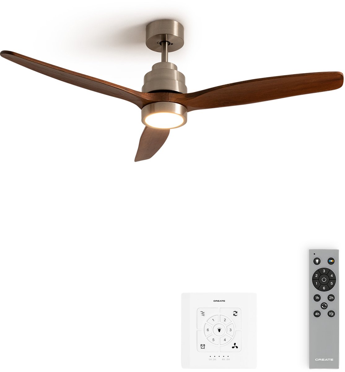 CREATE - Stille plafondventilator 100% hout 40W (Ø132 cm) - Met Verlichting LED - Met Wandregelaar + Afstandsbediening - Programmeerbaar - WIND STYLANCE NATURAL WOOD