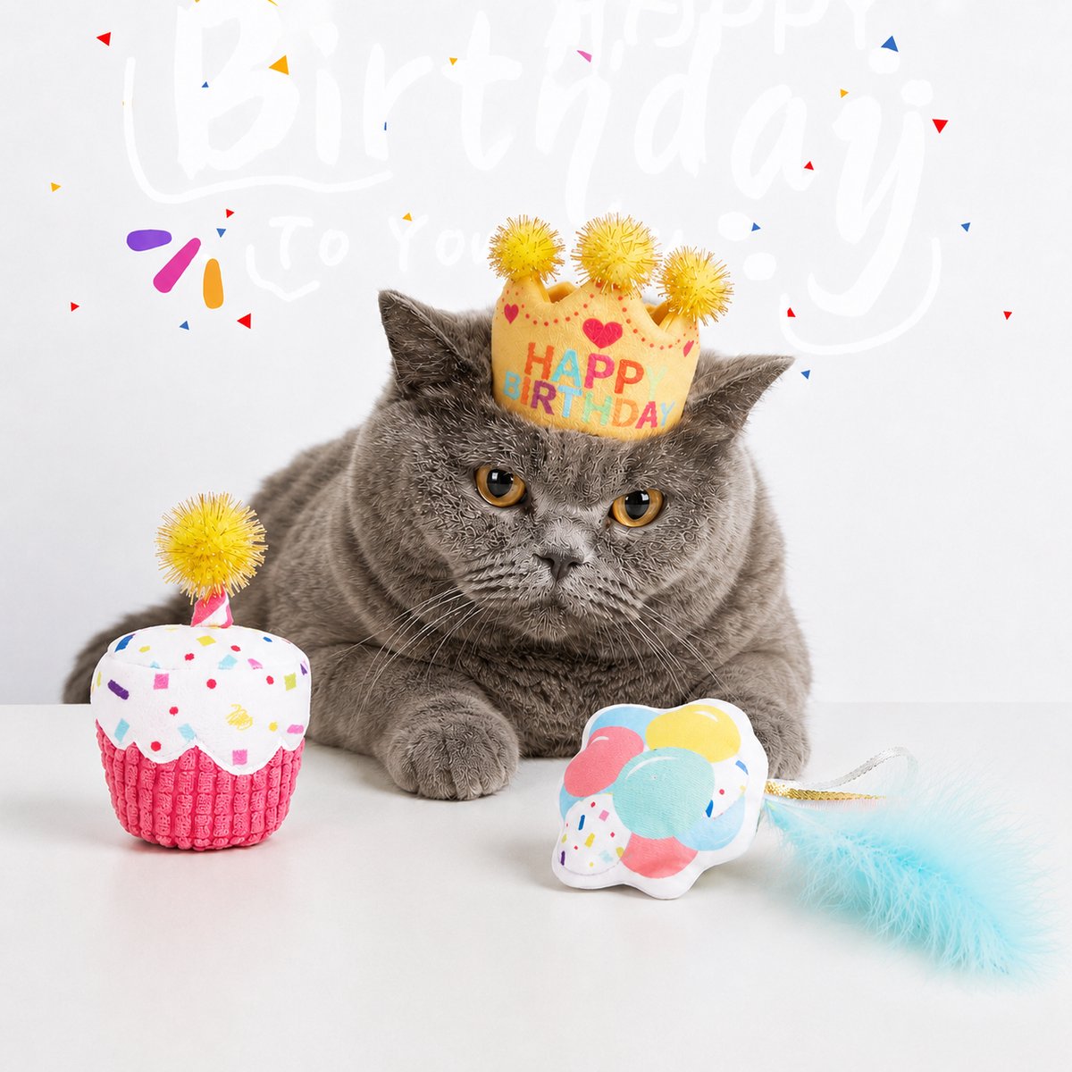 FOFOS™ Verjaardagsspeelgoed voor Katten – 3 Kattenspeeltjes met Gift Bag – Voor Katten Verjaardag & Cadeau (Cat Birthday Party Set of 3 Toys - Crown Balloon Cake)