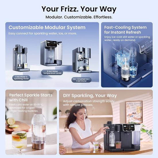 Grijze waterdispenser met drie modules voor koud water, heet water of ijs en koud water.