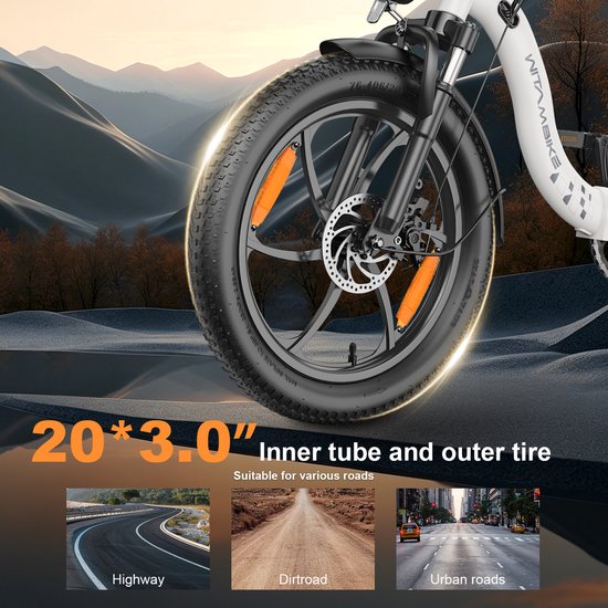 WITAMBIKE C16 Opvouwbare Elektrische Fiets - 250W - 48V 16Ah –Tot 100KM Bereik– Shimano 7 Versnellingen - 20×3.0 Inch - Zwart — afbeelding 4