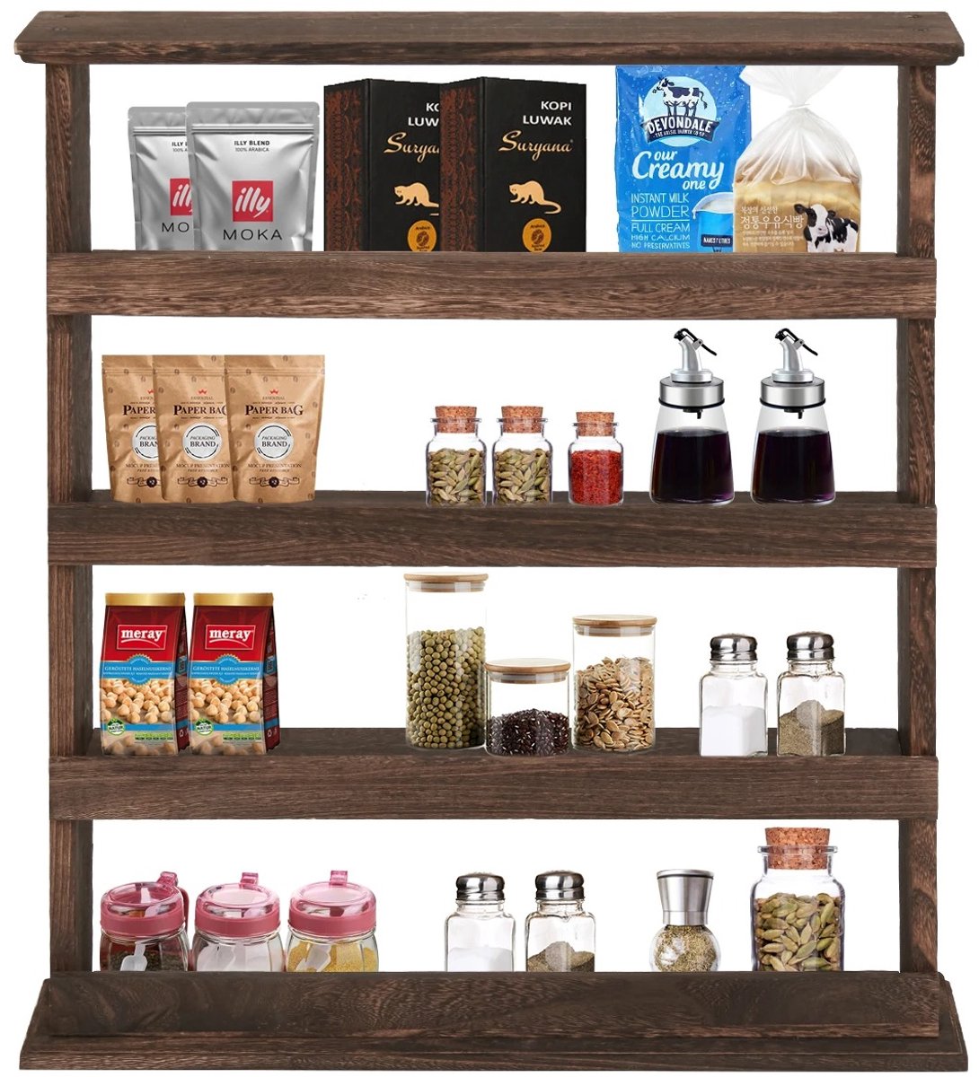 Stervia Keukenrek Ophangbaar - Kruidenrek Ophangbaar - Kruidenrek Hout - 4 Laags - Draagvermogen 5 Kg Per Plank -53 x 10 x 60 cm