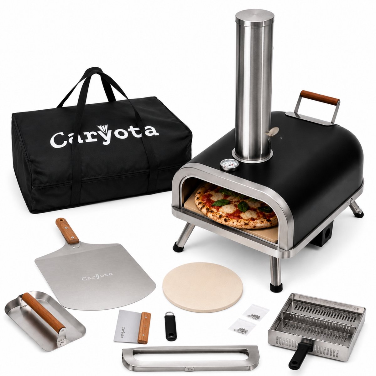 Caryota Pellet Pizza Oven - Buitenoven BBQ en Grill - Draagbaar - Thermometer - Authentieke pizza in 90 sec - Tot 450 °C - Pizza schep - Deegsteker