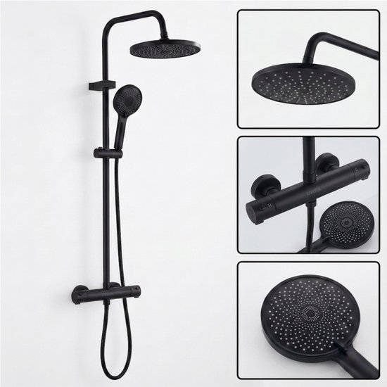 Livista Regendouche Set – Met Thermostaatkraan – Regendouche & Handdouche – 38°C Messing Thermostaatkraan – Verstelbare Douchekolom 65-105cm – Douchekolom Wandmontage – Zwart