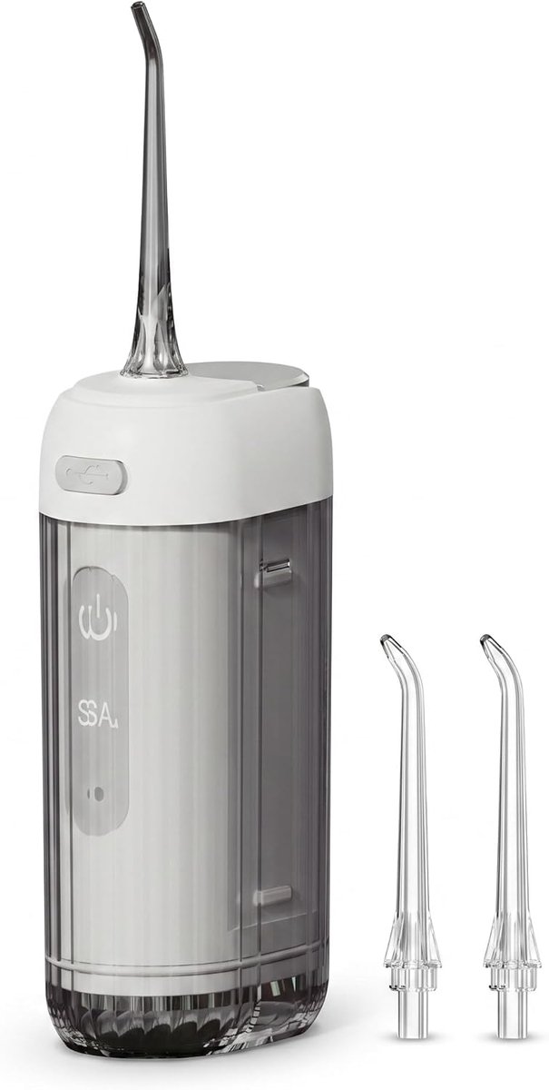 Draagbare Monddouche, Draadloze Waterflosser USB Oplaadbaar, IPX7 Waterdicht, Elektrische Tandreiniger geschikt voor Tussen de Tanden, Compacte Orale Irrigator geschikt voor Thuis en Reizen, met 2 Opzetstukken, Wit