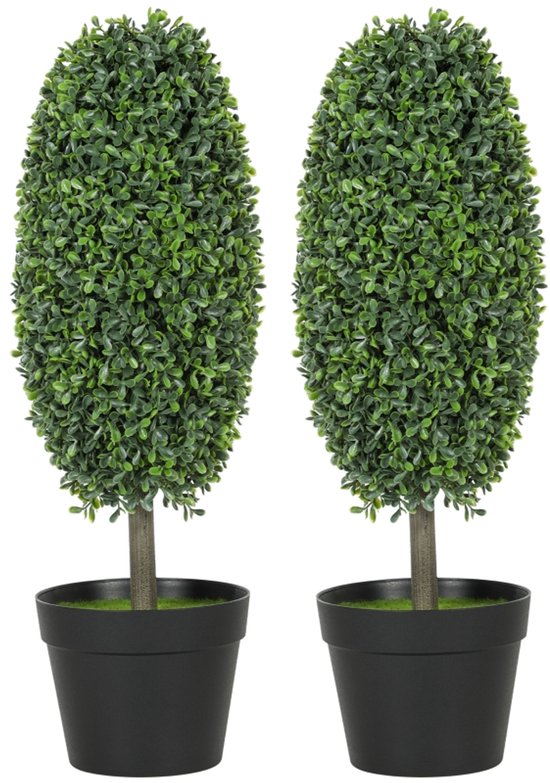 Twee olijfvormige kunstplanten in zwarte potten